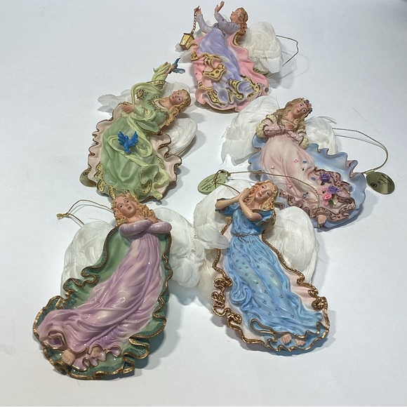 Bradford Editions Celestial Angles Ornaments set Of 5 With Real Leather Wings. - Picture 1 of 10